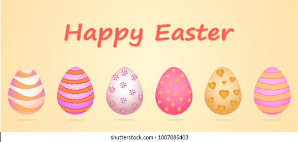 A set of six eggs for the celebration of Happy Easter. A pattern in gentle pastel shades, the main colors are yellow, pink. Vector pattern is made in a cute cartoon style.