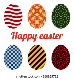 Set of six eggs painted various patterns. Happy easter.