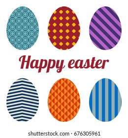 Set of six eggs painted various patterns. Happy easter.