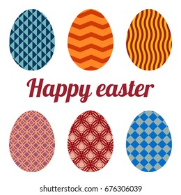 Set of six eggs painted various patterns. Happy easter.