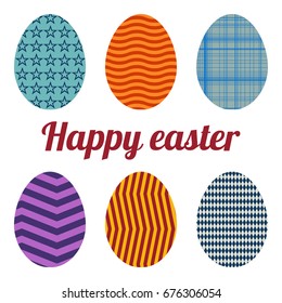 Set of six eggs painted various patterns. Happy easter.