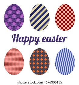 Set of six eggs painted various patterns. Happy easter.