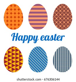 Set of six eggs painted various patterns. Happy easter.