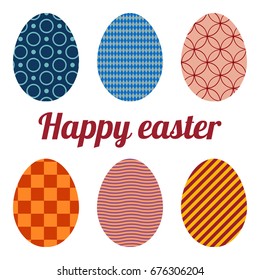 Set of six eggs painted various patterns. Happy easter.