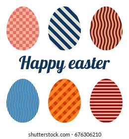 Set of six eggs painted various patterns. Happy easter.