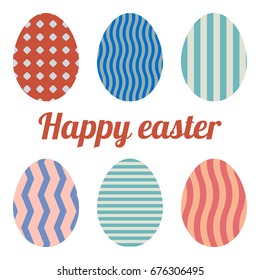 Set of six eggs painted various patterns. Happy easter.