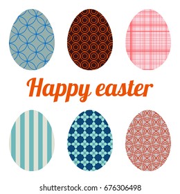 Set of six eggs painted various patterns. Happy easter.