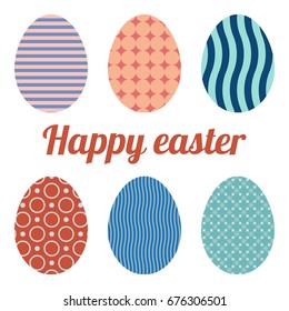 Set of six eggs painted various patterns. Happy easter.