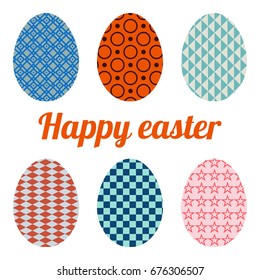 Set of six eggs painted various patterns. Happy easter.