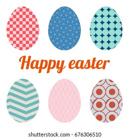 Set of six eggs painted various patterns. Happy easter.