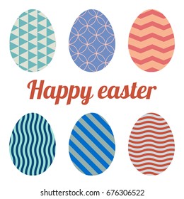 Set of six eggs painted various patterns. Happy easter.
