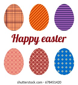 Set of six eggs painted various patterns. Happy easter.