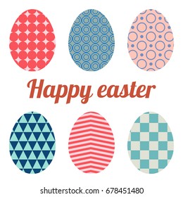 Set of six eggs painted various patterns. Happy easter.