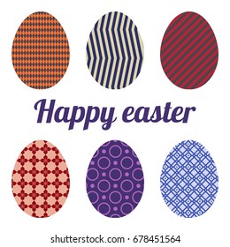 Set of six eggs painted various patterns. Happy easter.