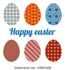 Set of six eggs painted various patterns. Happy easter.