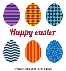 Set of six eggs painted various patterns. Happy easter.