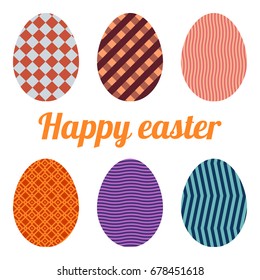 Set of six eggs painted various patterns. Happy easter.