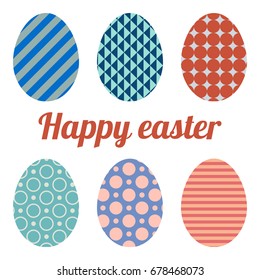 Set of six eggs painted various patterns. Happy easter.