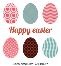 Set of six eggs painted various patterns. Happy easter.