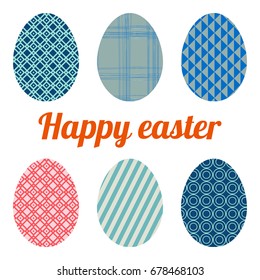 Set of six eggs painted various patterns. Happy easter.