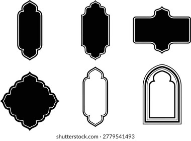 Set of six elegant black and white vector frames in Islamic, Moroccan, and Middle Eastern arabesque styles. Includes solid badges, outline labels, and arched window shapes with classic geometric ornamentation. Perfect for Ramadan and Eid designs, wedding invitations, Islamic branding, halal product labels, restaurant menus, Arabic typography, vintage packaging, and decorative certificates. Clean scalable vectors ideal for print, web, product tags, logo badges, and social media graphics.