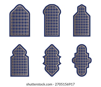 Set of six elegant Islamic geometric frames in blue and gold, featuring traditional arabesque patterns. Ideal for luxury branding, labels, banners, and decorations for Ramadan, Eid, or any cultural...