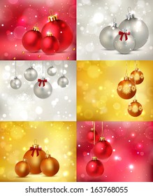 Set of six elegant red, golden and silver glimmered Christmas backgrounds. Vector illustration