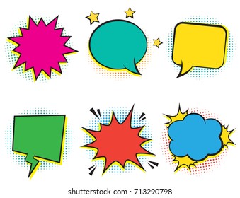 Set of six empty retro colorful comic bubbles and elements with halftone shadows on white background. Vector illustration, vintage design, pop art style.