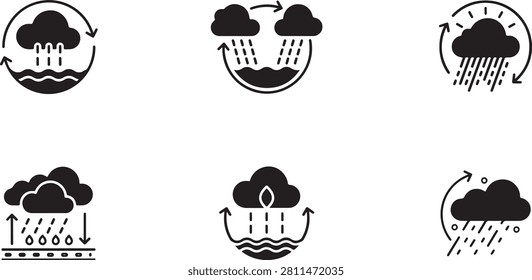 A set of six EPS cloud weather icons depicting various precipitation and cloud formation processes, suitable for medical, biological, or chemistry presentations