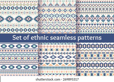 Set of six ethnic seamless patterns. Aztec geometric backgrounds. Stylish navajo fabric. Modern abstract wallpaper. Vector illustration.