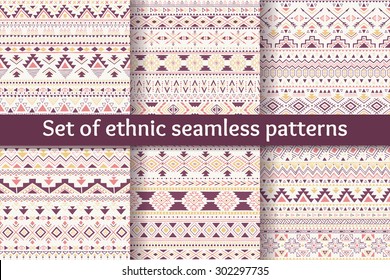 Set of six ethnic seamless patterns. Aztec geometric backgrounds. Sketch style. Stylish navajo fabric. Modern abstract wallpaper. Vector illustration.
