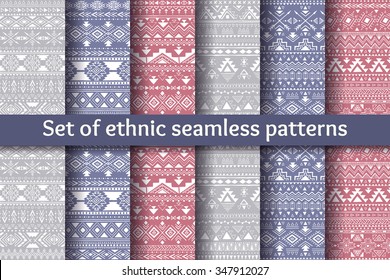 Set of six ethnic seamless patterns. Aztec geometric backgrounds. Stylish tribal design. Modern handmade abstract wallpaper. Vector illustration.