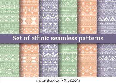 Set of six ethnic seamless patterns. Aztec geometric backgrounds. Stylish navajo design. Modern handmade abstract wallpaper. Vector illustration.