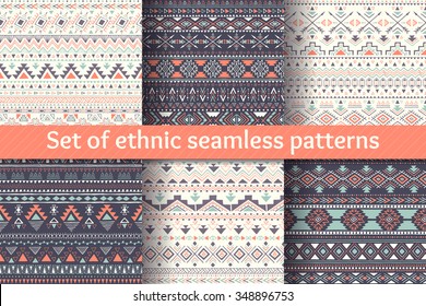 Set of six ethnic seamless patterns. Aztec geometric backgrounds. Stylish navajo design. Modern handmade abstract wallpaper. Vector illustration.