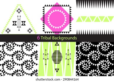 Set of six ethnic tribal vector backgrounds. Triangle aztec prints