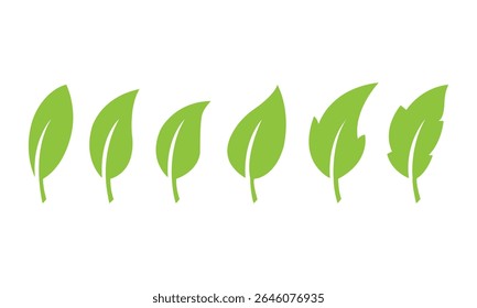 Conjunto de seis ícones de folhas verdes em evolução sobre um fundo branco, representando os conceitos de natureza, crescimento e eco. Perfeito para uso em projetos temáticos ambientais, orgânicos e botânicos.