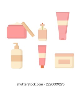 Set of six face creams on white background