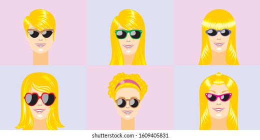 Set of Six faces of blonde women with sunglasses of different formats and varied hairstyles. Vector illustration in flat style. Image in EPS 10.