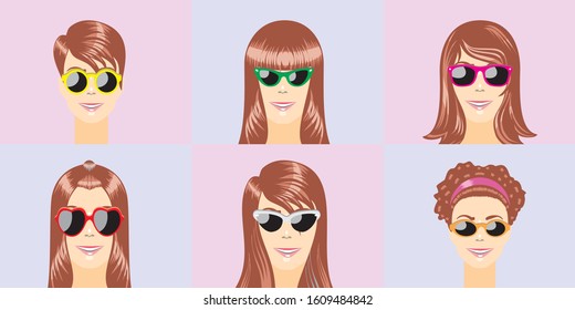 Set of six faces of red-haired women with various hairstyles and sunglasses with different formats. Avatars with a woman's head. Icons with female faces. Vector illustration in EPS 10.