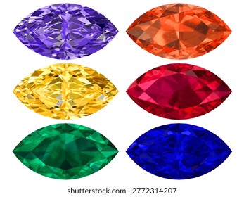 Set of Six Faceted Marquise, A grid of six different colored, faceted marquise gemstones (amethyst, orange sapphire, citrine, ruby, emerald, and blue sapphire) isolated on black. Perfect for jewelry design.