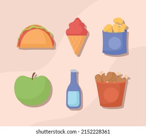 set of six fast foods