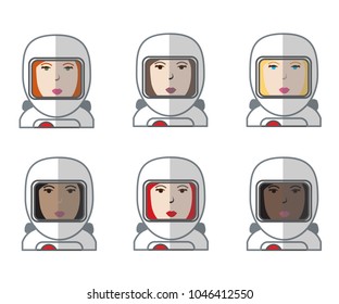 Set of six female avatar astronaut
 icons. Different skin tones models. Vector illustration.