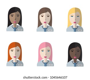 Set of six female employee avatar icons.Vector illustration.