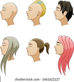 Set of six female hairstyles. Women's heads turned in profile. Hair of different colors. White background, vector.