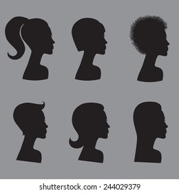 Set of six female silhouettes with different hairstyles on grey background