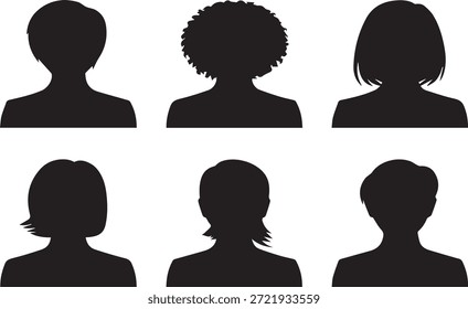 Conjunto de seis siluetas de perfil de usuario femenino o avatar con varios peinados, aislados sobre un fondo blanco. Perfecto para redes sociales, redes, Inicio de sesión de Cuenta y diseño de interfaz de usuario de Web.