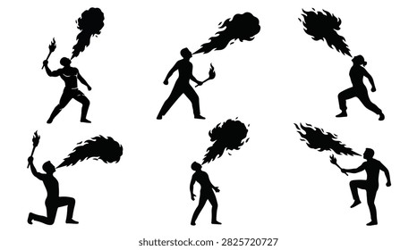 A set of six fire breather in various poses silhouette vector icon illustration on a white background