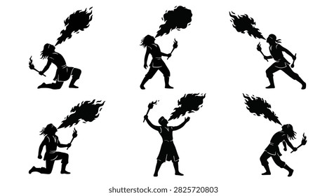 A set of six fire breather in various poses silhouette vector icon illustration on a white background