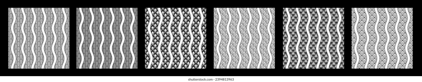 Set of six fish, dragon, snake scales seamless vector patterns. Scales with wavy lines in the foreground. Repeated black curves, isolated on white background. Regular black and white vector patterns.