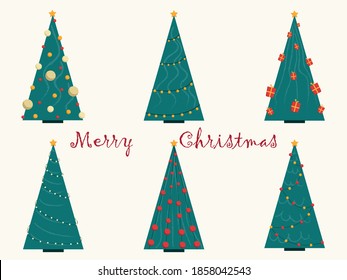 Conjunto de seis árboles de navidad de caricaturas planas. Perfecto para el diseño de vacaciones.